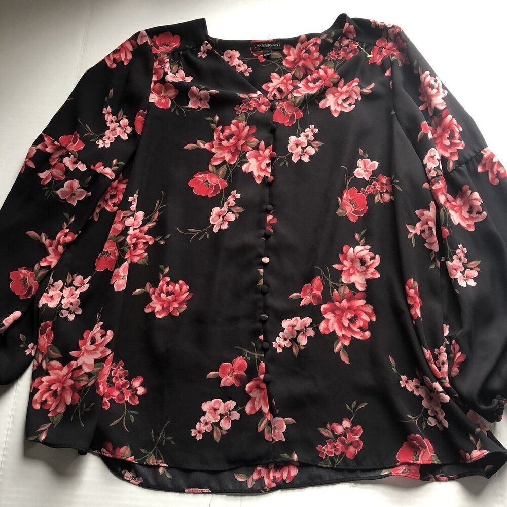 Lane Bryant Black Pink Red Rose Floral Blouse Women’s Sz 14 a195